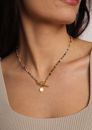 Necklace made of natural stones, Mix Stones, gold-plated Toggle pendant