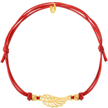 A red string bracelet with a gold-plated wing pendant