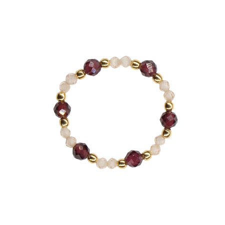 Elastic ring with natural stones, cubic zirconia, beige and garnet